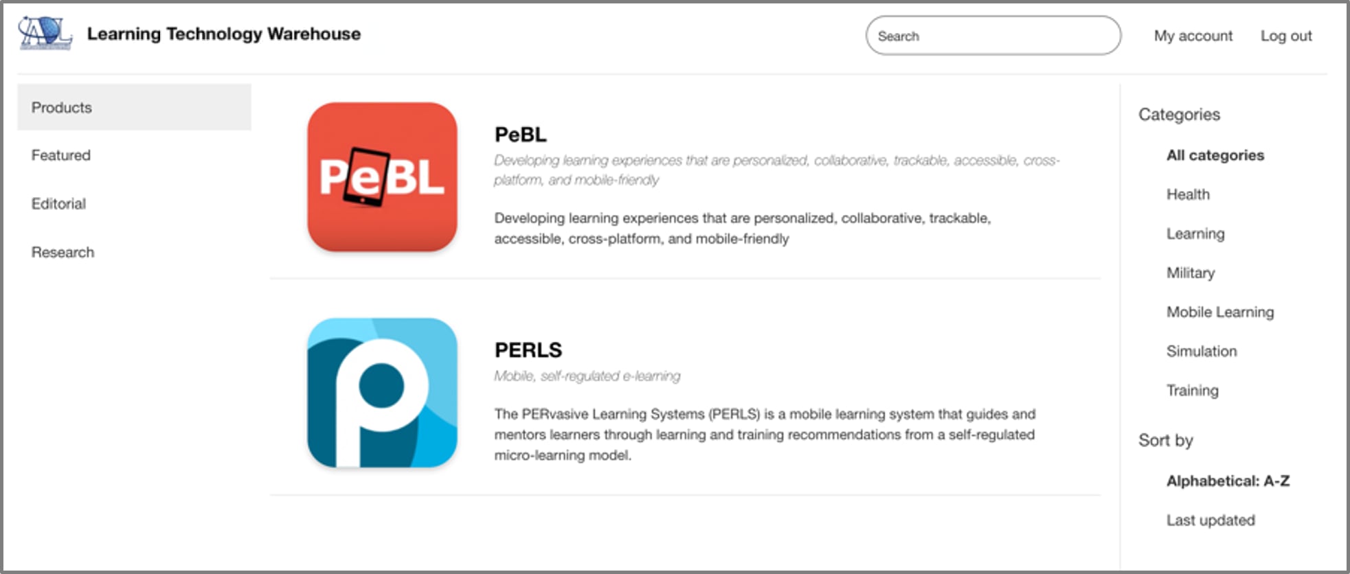Screenshot of Learning Technology Warehouse showing PeBL and PERLS products